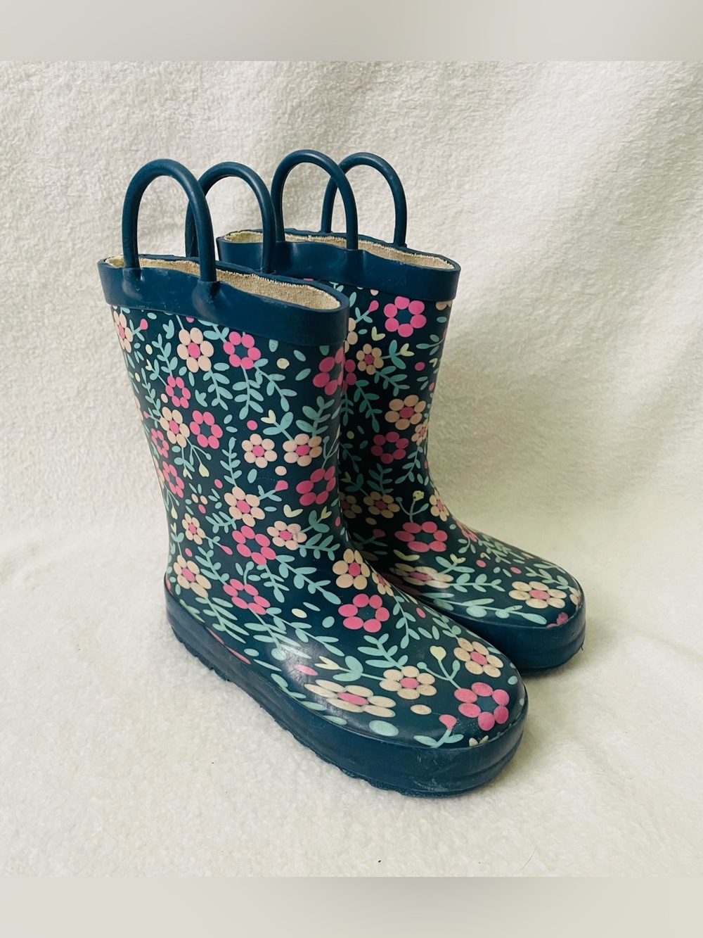Toddler Girl Rain Boots 9/10 Blue Pink Floral Waterproof Comfort